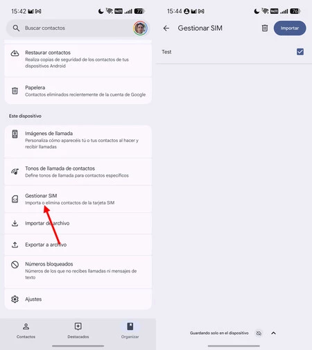 Contactos guardados en la tarjeta SIM