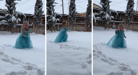 Disfrazada de Elsa, una niña de dos años recrea la famosa escena de Frozen al ritmo de 'Let It Go' durante su primera nevada
