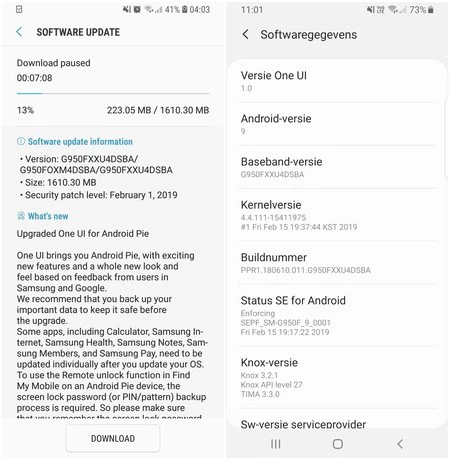Samsung Galaxy S8 を Android 9 Pie にアップデートするスクリーンショット。画像クレジット: subas87、manmad91。