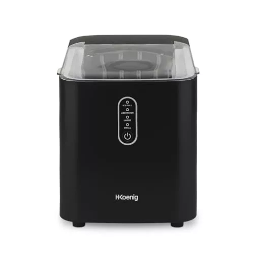 H.Koenig Máquina para Hacer Hielo KUB14, 12kg en 24h, 2 tamaños de cubitos, Portátil, Silenciosa 1L, Cubitos listos en 6min, Cuchara para hielo