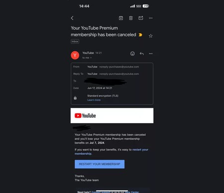 これは、サブスクリプションをキャンセルされたユーザーが受け取ったメールです。 Alopez1024/Redditによる画像