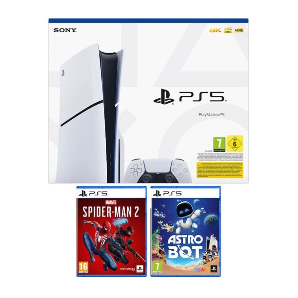 Consola - Sony PS5 Slim Standard, 1 TB SSD, 1 mando + Juego Spider-Man 2 + Juego Astro Bot