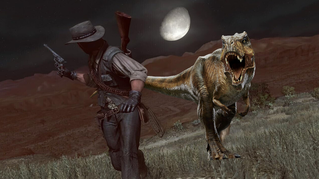 Un jugador de Red Dead Redemption 2 ha imaginado un Undead Nightmare con dinosaurios y ahora solo quiero que Rockstar lo haga realidad Un jugador de Red Dead Redemption 2 ha imaginado un Undead Nightmare con dinosaurios y ahora solo quiero que Rockstar lo haga realidad