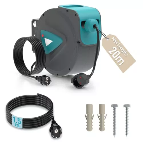 Froadp 20m Carretes de Cable Automáticos, Enrolladores de Cable con Giratorio de 180° Montaje en la Pared, Enrollacables Eléctrico con Protección Contra Sobrecarga incl. Material de Montaje(Azul)