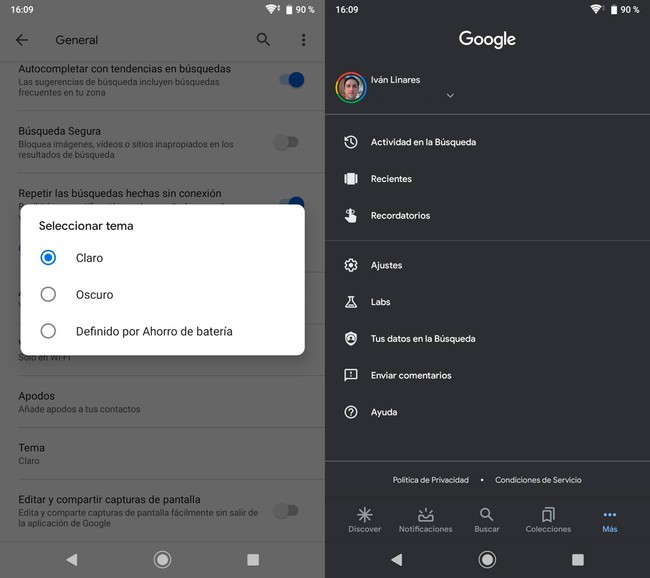 Cómo activar el modo oscuro en la aplicación de Google para Android