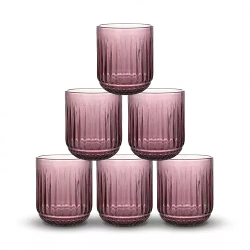 INDE SANTA CLARA | Set 6 Vasos de Cristal Agua 270cc Odiel Morado, Vasos Agua de Vidrio Relieve Morado, Aptos Lavavajillas y Microondas