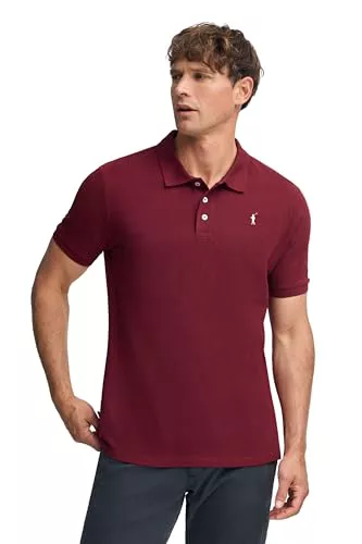 Polo Club - Polo Hombre | Manga Corta | 100% Algodón Piqué | Cierre 3 Botones | Logo Bordado Contraste | Regular Fit | Combina con Chinos o Vaqueros, Rojo Granate, L
