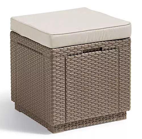 Keter Allibert de Keter » Taburete en forma de cubo con espacio de almacenamiento, capuchino, incluye cojín, tapa extraíble, aspecto plano de ratán, resistente a la intemperie, 42 x 42 x 39 cm