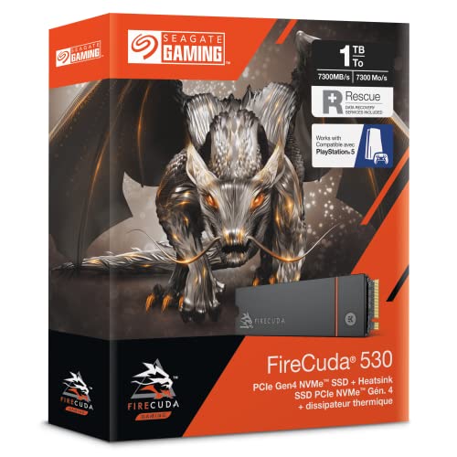 Seagate FireCuda 530, 1 TB, Internal Solid State Drive - M.2 PCIe Gen4 ×4 NVMe 1.4, transfer speeds up to 7,300 MB/s, 3D TLC NAND, 1,275 TBW, Heatsink, 3 year Rescue Services (ZP1000GM3A023)