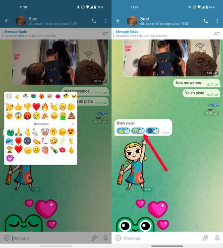 左、新しく拡張された反応セレクター。正しい、メッセージごとに最大 3 つのリアクションを送信します (プレミアムのみ)
