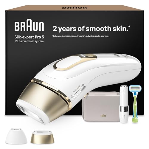 Braun Luz Pulsada Silk·expert Pro 5, PL5156, Blanca/Dorada - Alternativa a Depiladora Laser, Eliminación del Vello en Casa, IPL con Funda, Maquinilla Venus, 2 Cabezales, Miniafeitadora Facial