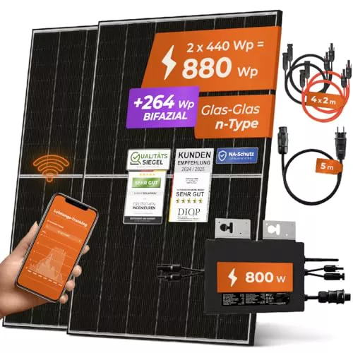 Solarway® Central de energía para balcón de 880 W Toma de corriente completa de 800 W - último inversor de 800 vatios - Juego completo de instalación solar - Paneles solares bifaciales de 440 W y