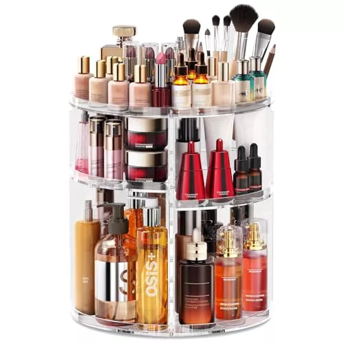 Auxmir Organizador de Maquillaje Giratorio 360, Organizador Perfumes y Cremas, Almacenaje Maquillaje con 9 Niveles Ajustables, para Pintalabios Brochas Baño Tocador, Gran Capacidad, Transparente