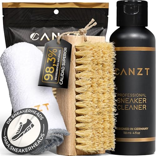 Canzt Kit Limpieza Zapatillas – Limpiador Profesional para Zapatos y Sneakers, Ideal para Piel, Ante, Nubuck y Textil, Incluye Cepillo y Paño de Microfibra