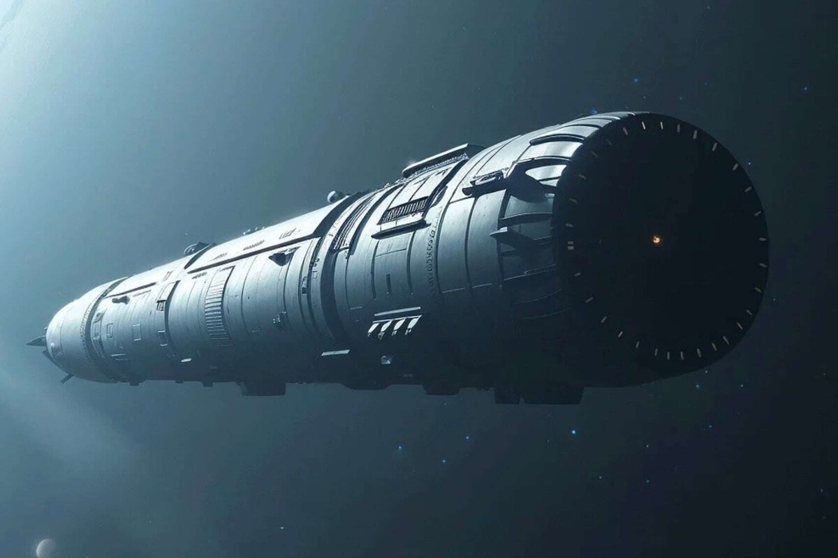 The image shows a large, cylindrical spacecraft floating in the dark expanse of space. The surface of the spacecraft is metallic and detailed with various panels, ridges, and protruding structures, giving it a sturdy and industrial appearance. The background is mostly black with small, scattered stars and a faint light source illuminating the left side of the spacecraft, adding depth and highlighting its texture.