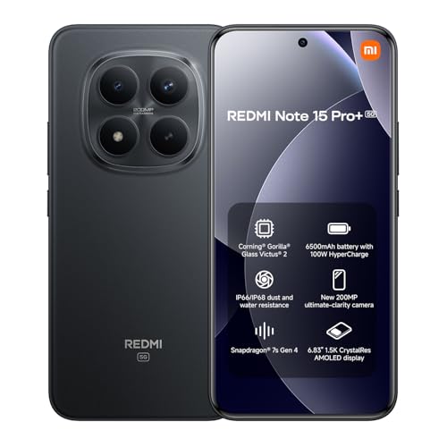 XIAOMI REDMI Note 15 Pro+ 5G - Smartphone de 12+512GB, Pantalla AMOLED 6,83" 1.5K AMOLED, Snapdragon 7s Gen 4, cámara de 200 MP, Hypercharge 100W, Cargador no Incluido, Negro (Versión ES)