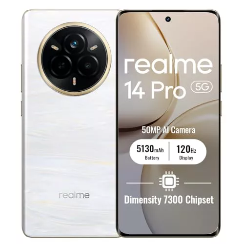 realme 14 Pro+ 5G Smartphone 8+256GB,Blanco Perla,Pantalla de 6.83 Pulgadas, Refresco de 120Hz,Carga Rápida 80W, Batería de 5130mAh,Cámara de 108MP, Plataforma móvil Qualcomm Snapdragon 7s Gen 3,IP69