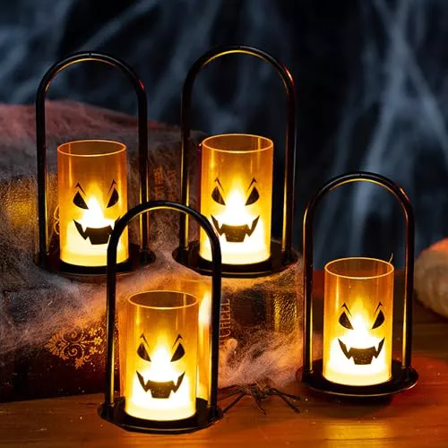Farol Halloween, Linterna de Calabaza, Bruja Espíritu Decoración para Colgar en Interiores y Exteriores, Linterna Fantasma con Batería (4 Piezas Velas LED Halloween)