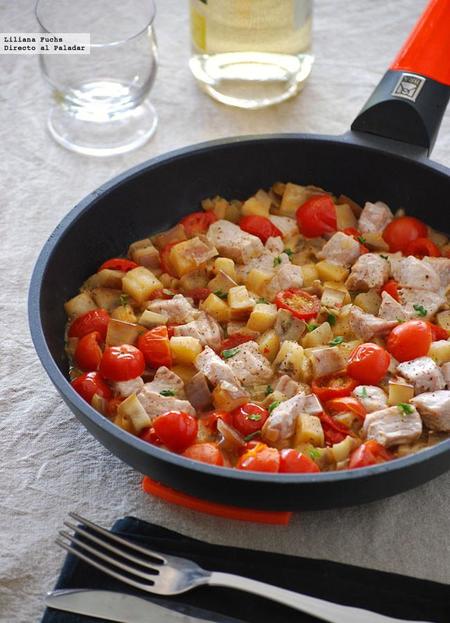 Receta de atún con berenjena y tomatitos