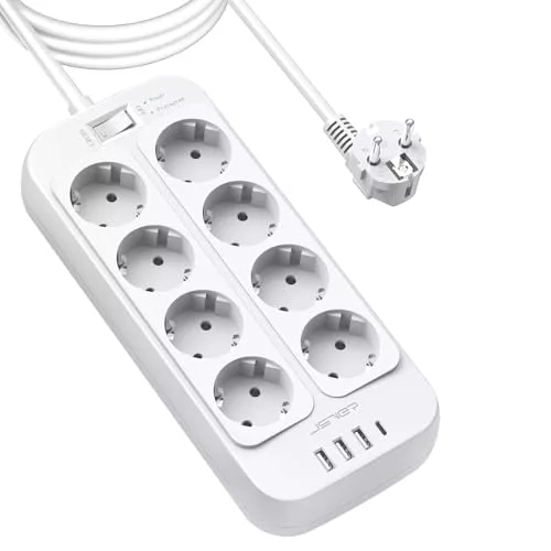 JSVER Regleta Enchufe 3M, Proteccion Sobretensión con 4 Puertos de USB(3 USB A+1 USB C) y 8 Tomas 3680W