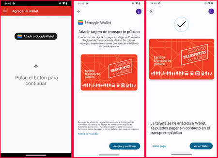 Capturas de pantalla mostrando el funcionamiento de la app Tarjeta Transporte Virtual