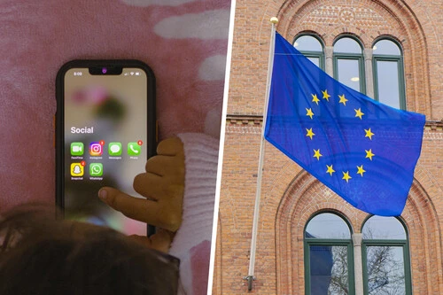 Composición con foto de un menor usando un móvil e imagen de la bandera de la Unión Europea