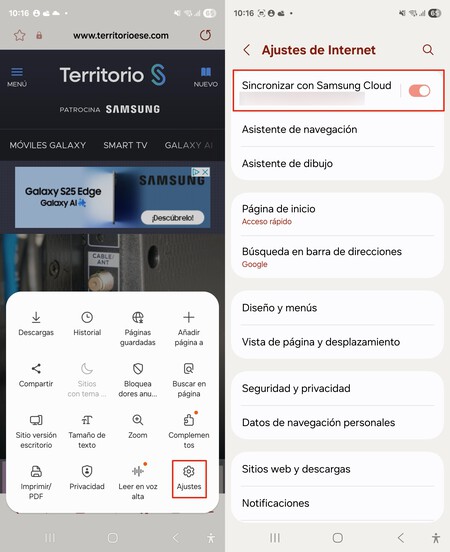 Marcadores de Chrome a Internet Samsung