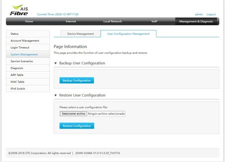 Captura de pantalla del panel de configuración de un router ZTE