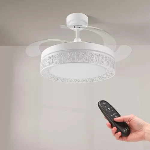 M mimotec - White Aqua Ventilador de Techo LED 66W con Luz CCT Regulable y Control de Intensidad, Motor DC 30W+Luz Led 36W, Silencioso, 6 Velocidades, 4 Aspas Retráctiles, Temporizador.