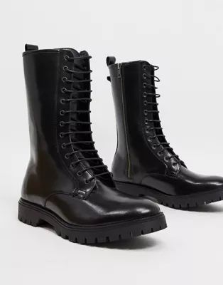 Botas altas de cuero negro con cordones de ASOS DESIGN
