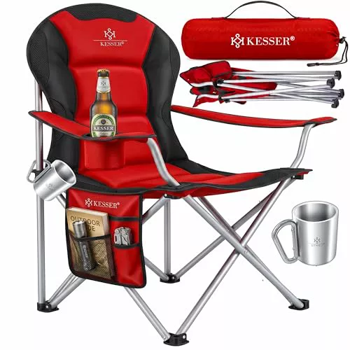 KESSER® Silla de Plegable Camping Acolchada hasta 150 kg, con Apoyabrazos y Portavasos + Bolsa con Respaldo Alto, Silla de Playa, Taburete, Rojo/Negro