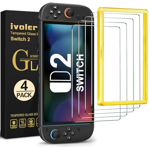 ivoler 4 Piezas Protector Pantalla para Nintendo Switch 2 Model 2025, instalación en 30 segundos Incluye Marco de Instalación Fácil, Cristal Vidrio Templado Premium