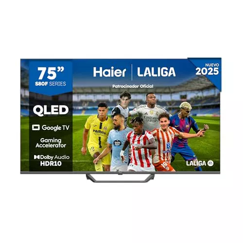 Haier QLED 4K UHD H75S80FUX 75 Pulgadas Smart TV, Google TV, Dolby Audio, HDR 10, Smart Remote Control, Google Assistant, Bluetooth 5.1, 120Hz Gaming, USB 2.0, DBX TV, HDMI 2.1 x 4, Sin Marcos, 2025