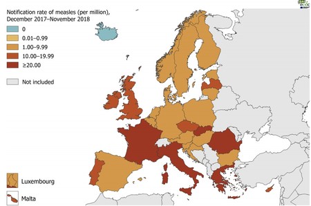 Mapa de sarampión en Europa