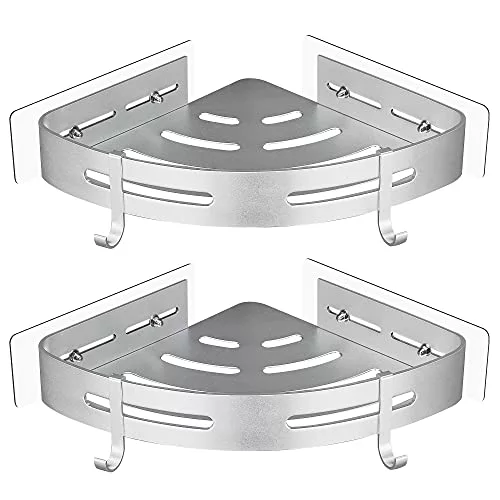 GRICOL Estante Ducha Sin Taladro Esquina Estanteria Baño con 4 Ganchos Metal Estantería Ducha Organizador Ducha 2 Piezas Plata
