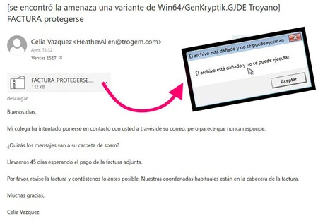 電子メールの本文と偽の請求書を開いた結果 (ESET 経由の画像)
