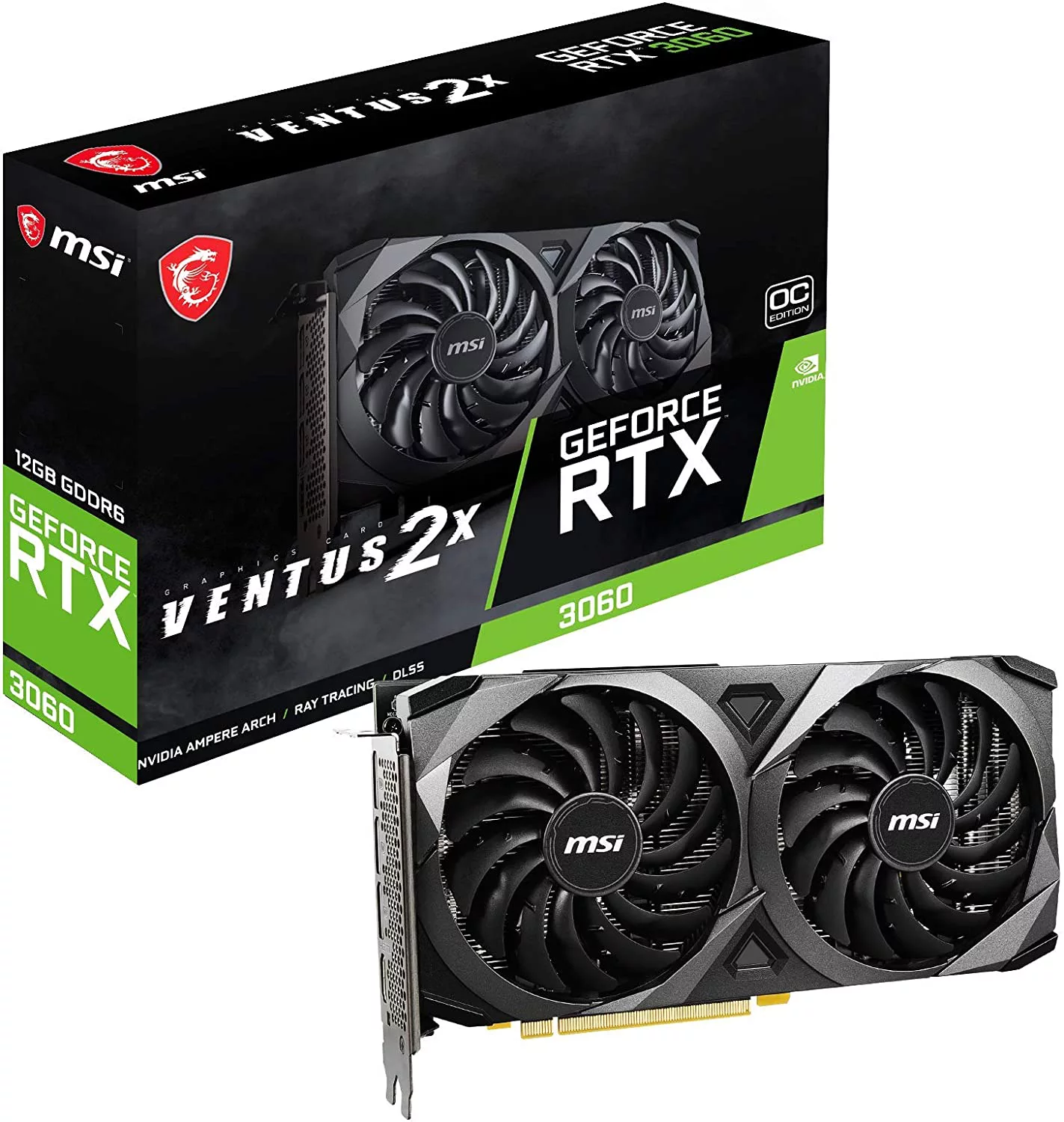 MSI GeForce RTX 3060 Ventus 2X 12G OC - Tarjeta Gráfica Enthusiast Gaming (RTX 3060, TORX Fan 3.0, 192 bit, PCI Express Gen 4, DisplayPort v1.4a, HDMI 2.1, Zero Frozr, Resolución 1440p, Ray Tracing)