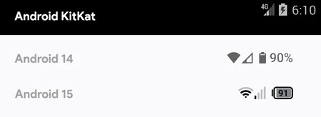 Android KitKat、Android 14、Android 15 のステータス バー アイコン。Android Authority のスクリーンショット