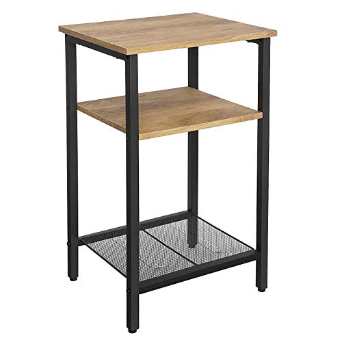 Vasagle Mesa Auxiliar de Noche de 3 Niveles, Estilo Industrial, Estructura de Acero Resistente, para Dormitorio, Sala de Estar, Montaje Sencillo, Marrón Miel y Negro, aleado, 40,5 x 32 x 8 cm