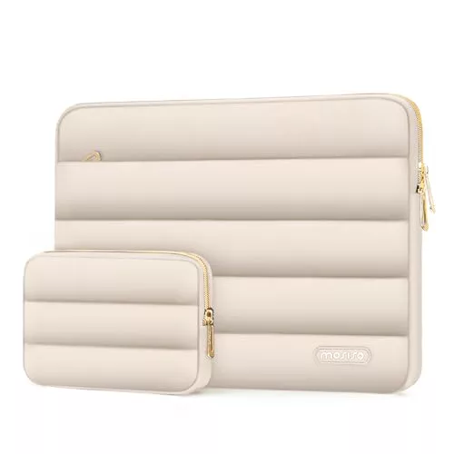 MOSISO Funda Portátil 13-14 Pulgadas, 13,3 Pulgadas Puffy Laptop Bolsa Compatible con MacBook Air 13 13,6 M4 M3 M2 M1/Pro 13/Pro 14, HP, Horizontal Poliéster con Estuche Pequeño Bolsa,Arena