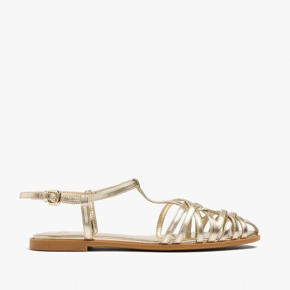 Sandalias planas de mujer estilo cangrejeras con cierre de hebilla Oro Parfois

