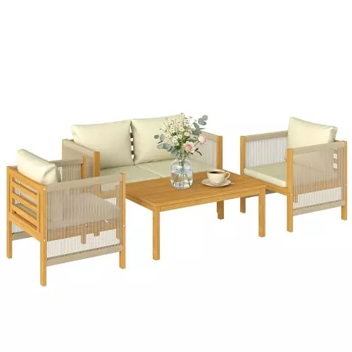 Outsunny Conjunto de Jardín Exterior de 4 Piezas con Sofá 2 Plazas Beige