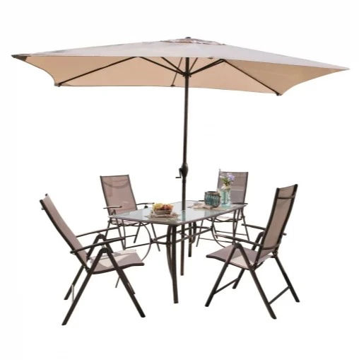 Conjunto de Jardín de Acero Mesa + 4 Sillones + 1 Parasol, Málaga

