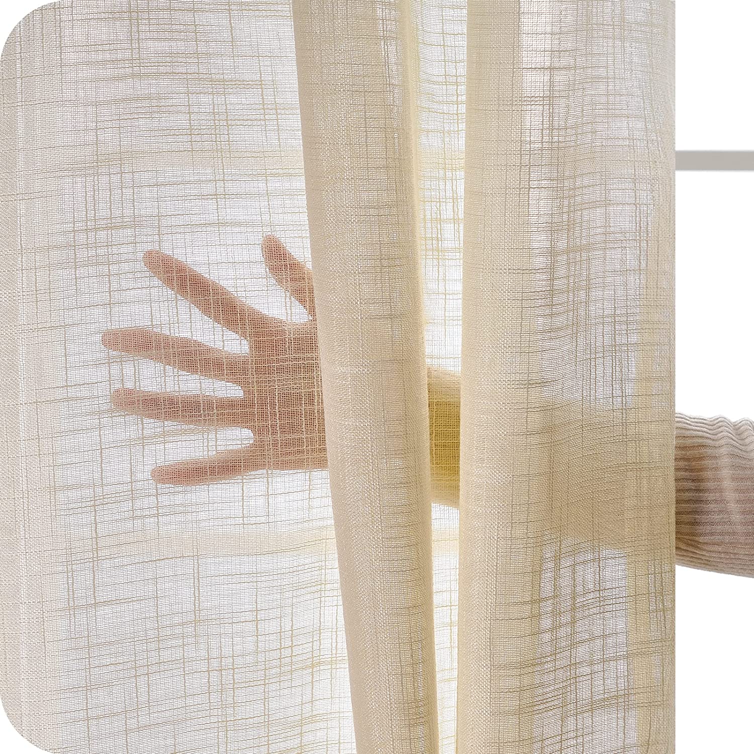 Topfinel Sheer Curtains Stripe Room Soft Voile Living Room Bedroom Vertical Linen Sheer Curtains for Windows Kitchen Living Room with Grommets 2 Pieces 140x145cm Khaki