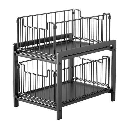 Organizador de 2 Niveles con Canastas Deslizantes para Debajo Fregadero, Almacenaje con Dos Cestas Extraíble de Metal para Armario, Estantería de Cocina 2 Cajones para Baño, Salón, Despensa