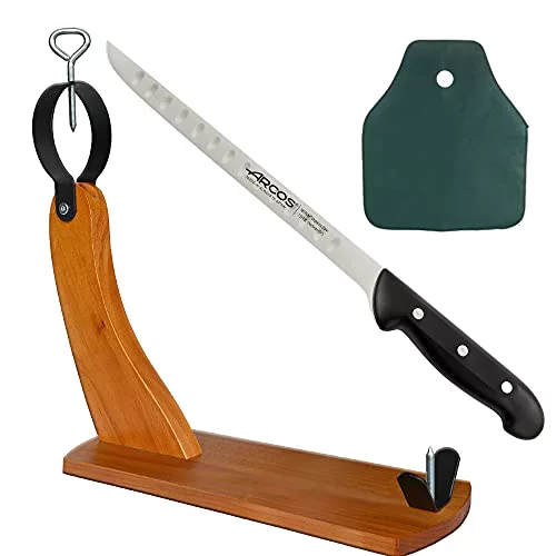 CUPERINOX Jamonero profesional Gondola | tabla jamon | Cuchillo Jamonero Alveolos Acero Inox + Cubre Jamón Universal | Set cortar jamón (3 PZAS) | Sujeta jamones | tabla jamonero