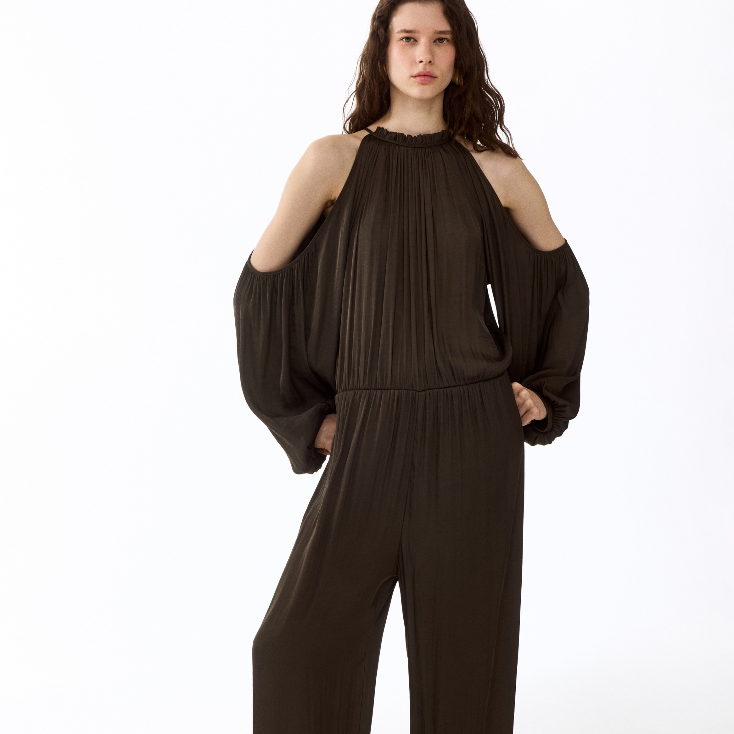 Cold-shoulder satin jumpsuit
