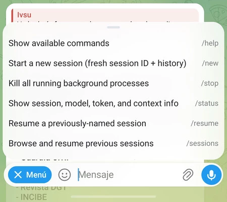 La mayor parte de control y conversación con Hermes la llevo desde Telegram