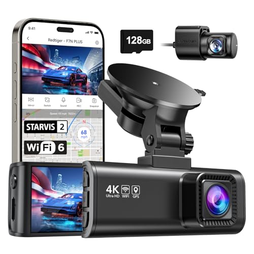 REDTIGER Dashcam 4K/2.5K Delantera y Trasera con STARVIS 2,Pantalla IPS de 3,18 Pulgadas, Tarjeta de 128 GB, WiFi de 5,8 GHz, GPS, WDR Gran Angular de 170°, Admite hasta 256 GB (F7NP)