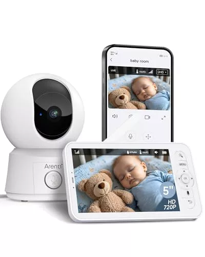ARENTI 1080P Camara Vigilancia Bebe con Control de 5'' Monitor, 355° PTZ Vigilabebes con Camara con Voz Bidireccional, Detección de Movimiento y Sonido, Visión Nocturna, Sensor Temperatura, Modo VOX